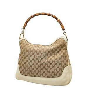 Gucci Canvas White GG Leather Handbag Bag Ivory Brown Shoulder Bamboo